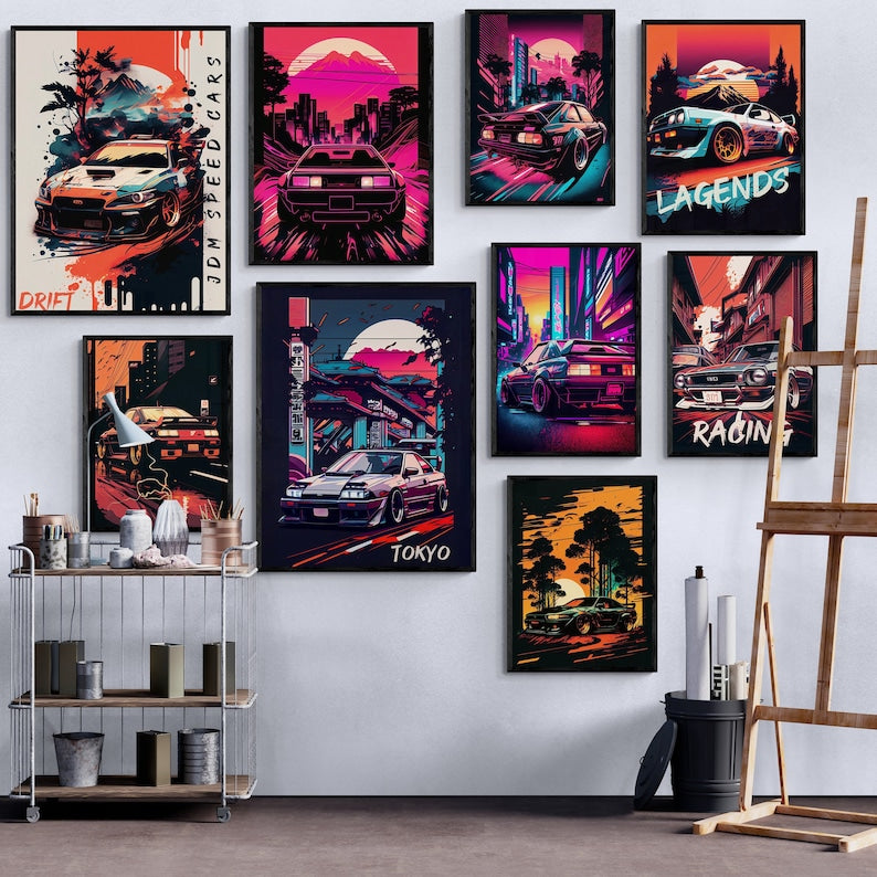 9-Piece Tokyo Street Racing JDM Car Poster Set for Boys' Bedroom Wall Art_driver_clothing_drivi.store