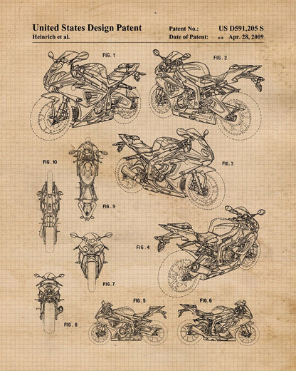 Vintage Motorcycle Blueprint Wall Art