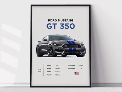 Ford Mustang GT350 Poster Print, Boys Room Decor, Home Office Art, Room Decor, Digital Posters, Car Posters