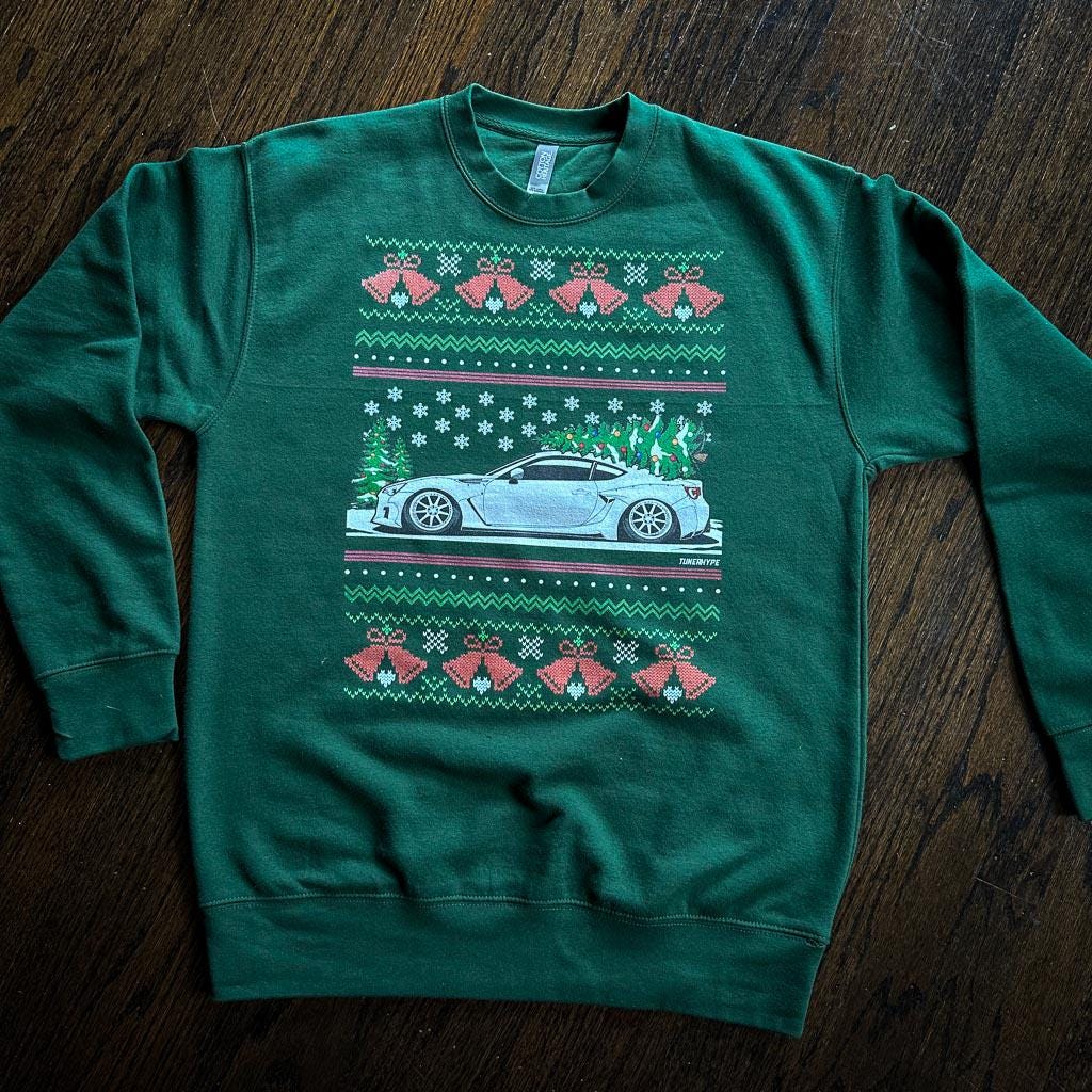 JDM Ugly Christmas Sweater - White Subaru BRZ / Toyota 86-FRS - Ugly Xmas Sweater - Car Guy Holiday Gift, Funny Christmas Gift