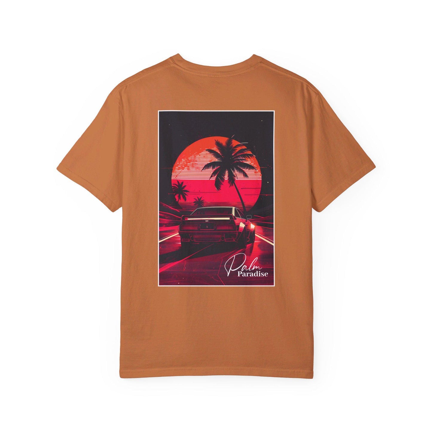 Palm Paradise Retro Car T-shirt - Boosted Gear Co, Vintage Sunset Tee, Cool Unisex Top, Casual Beach Vibes Shirt, Unique Graphic Apparel